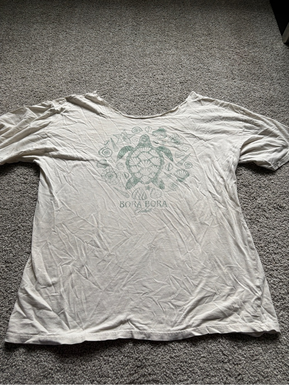 Bora Bora Graphic Tee with Sea Turtle - Light Cream & Mint neckline cut